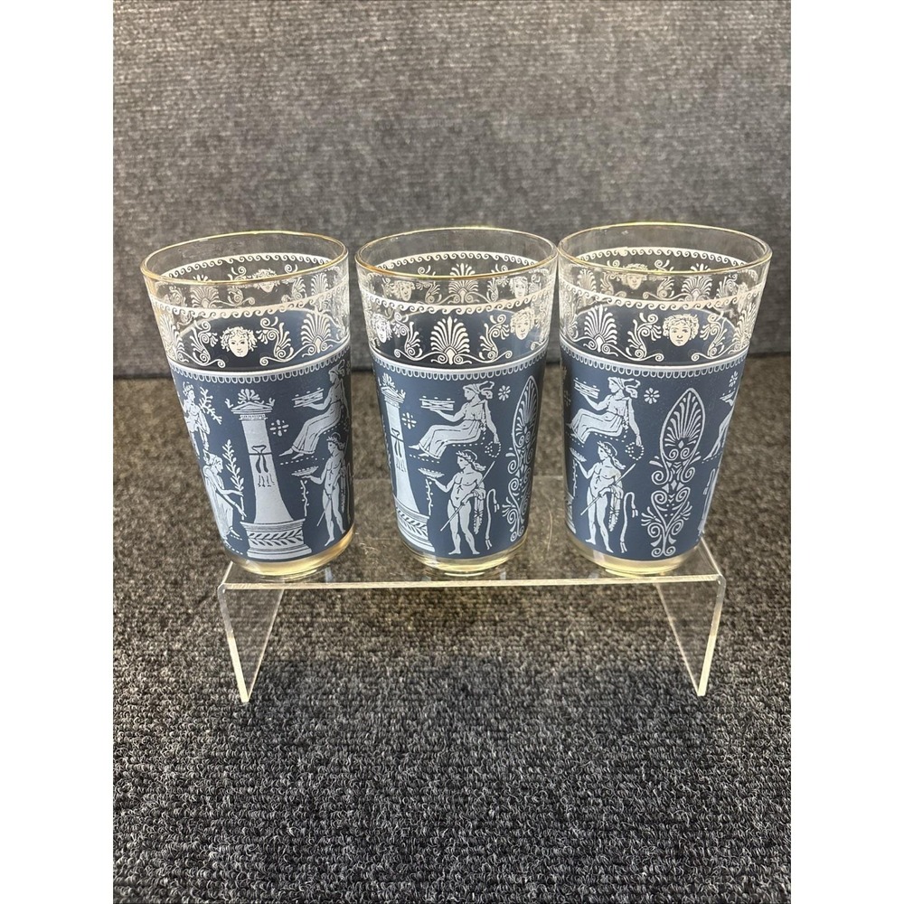 3~Vtg~Jeannette Glass~Wedgewood Blue~Grecian Themed~Gold Trimmed~MCM